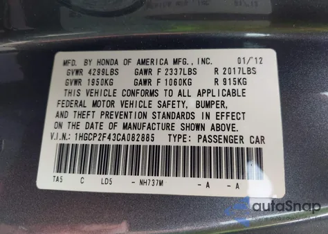 2012 Honda Accord 2.4 Lx-P from USA, damaged, VIN 1HGCP2F43CA082885